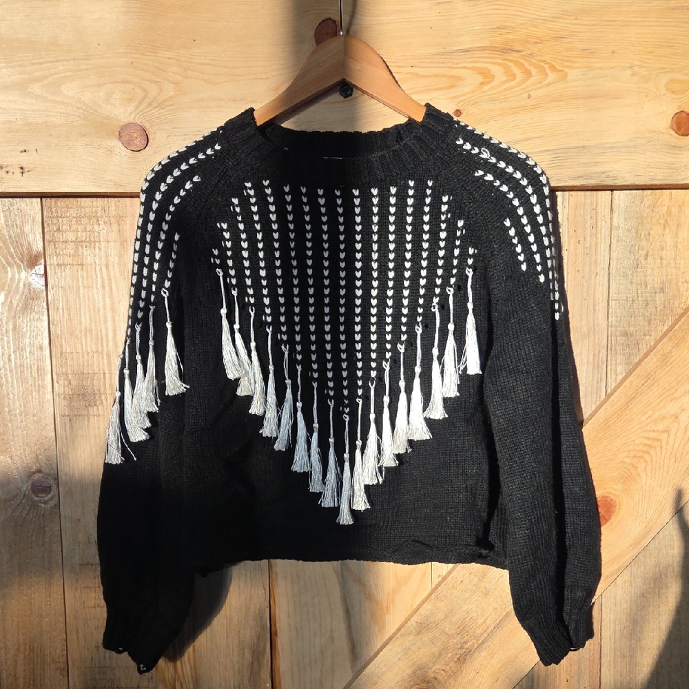 12th Tribe Black Sweater with White Tassels